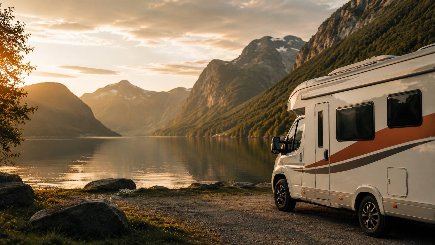 Caravan parked beside a Norwegian fjord at golden hour