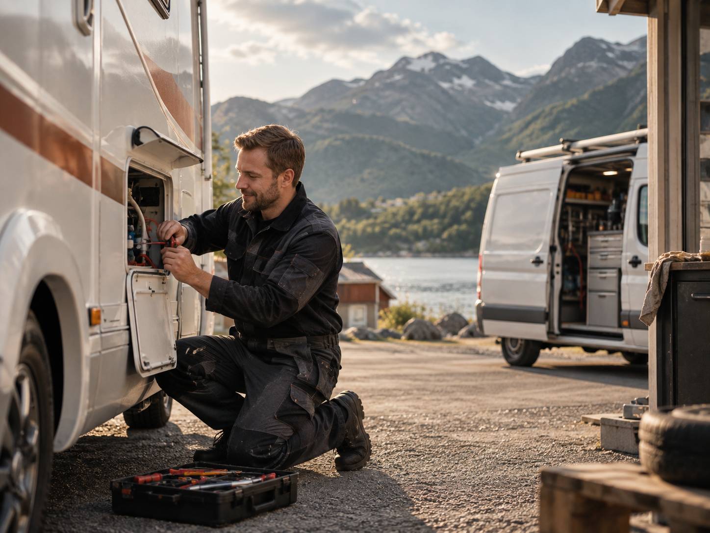 Caravanza service partner repairing a caravan beside a fjord, service van open behind him