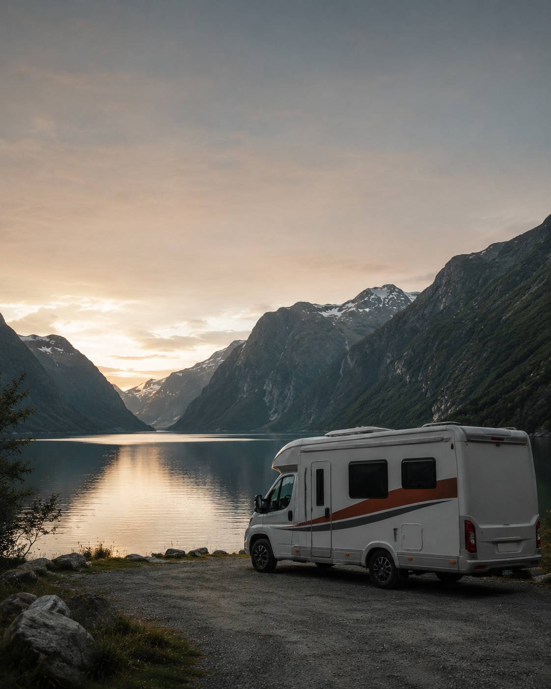 Caravan parked overnight beside a fjord at dusk